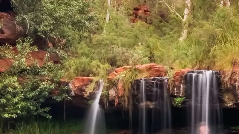 Scenic waterfall cascading into a turquoise pool surrounded by lush greenery on a 10 Day Perth to Broome West Coast Adventure tour.