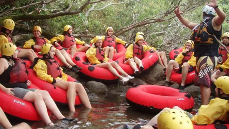 Friends float down the river with Foaming Fury on red rubber rings, relaxing beneath lush shady trees during a half-day tubing tour.