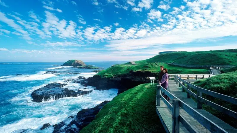 A couple enjoys scenic views from a wooden boardwalk of Phillip Island’s rugged coastline, lush green hills, and clear blue sky.