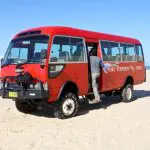 Vibrant Collective Travel coach for 1 Day Whale Watching Port Stephens parked on sandy ground as passenger boards, ready for adventure.