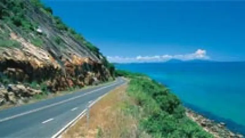 Scenic coastal road winding beside dramatic rocky cliffs and sparkling sea on a Premium Small Group Daintree Cape Tribulation Tour.