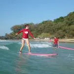 Surfer in a vibrant red shirt rides the waves near lush trees and parked cars at Learn To Surf Australia’s Longest Wave Beach Drive.
