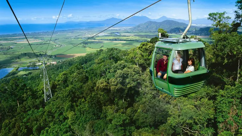 Experience stunning views as a private green cable car glides above lush forests, with scenic mountains and coastline in the background.