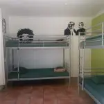 Spacious, sunlit dormitory room featuring sturdy metal bunk beds with fresh green bedding, ideal for your 3 Day Kgari Adventure in Rainbow Beach.