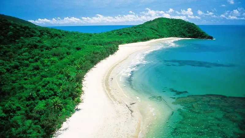 Stunning aerial view of the lush Daintree Coastline, ideal for a top-rated Premium Small Group Cape Tribulation Day Tour experience.