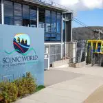 Scenic World entrance with iconic cable car on a sunny 1 Day Blue Mountains Tour, Australia—top-rated tourist attraction experience.