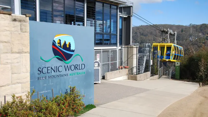 Scenic World entrance with iconic cable car on a sunny 1 Day Blue Mountains Tour, Australia—top-rated tourist attraction experience.