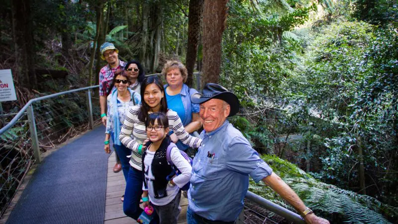 Happy group enjoying a 1 Day Blue Mountains Tour, smiling and posing together on a scenic forest boardwalk surrounded by lush greenery.