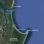 High-resolution satellite map of Fraser Island, Rainbow Beach, Double Island Point, Great Sandy National Park—Australia’s longest surf wave.