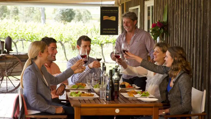 Six friends raise a toast with fine wine and gourmet food outdoors on a Barossa Valley Hop On Hop Off Tour, enjoying scenic vineyard views.