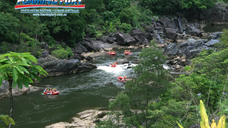 Thrilling Barron River white-water rafting near Port Douglas: five red rafts, adventurers paddling, lush rainforest and rugged cliffs.