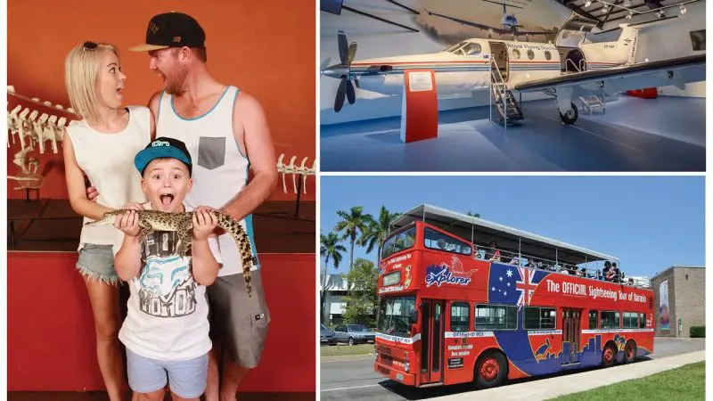 Vibrant collage of Croc N History Explorer: family holding a snake, aeroplane museum display, iconic red double-decker sightseeing bus.