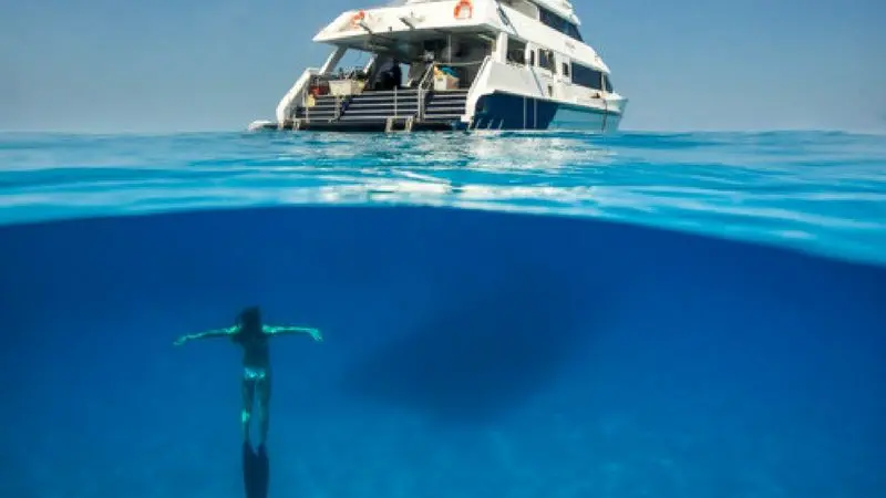 Snorkeller explores vibrant blue waters beneath a luxury white yacht on a Seaquest Outer Reef Day Trip, Great Barrier Reef adventure.