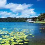 Serene northern lake with vibrant lily pads, a quaint boat by Paronella Park’s scenic shore beneath a picturesque blue, cloudy sky.