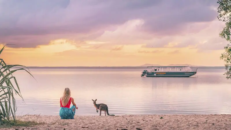 Woman enjoying a sunset on Noosa Everglades beach beside a kangaroo after a 1 Day Explorer tour, sandy shore in the background.