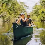 Two adventurers paddle a green canoe on the sunlit Noosa Everglades Explorer tour by Everglades Eco Safaris, surrounded by nature.