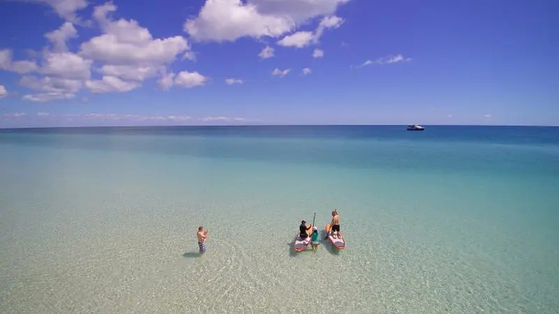 Tourists paddleboarding in crystal-clear, shallow waters during the Remote 1 Day K'gari Fraser Island tour under a blue, clouded sky.