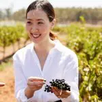 Happy woman holding bunches of black grapes in a lush Hunter Valley vineyard on a 1 Day Wine Tour, with scenic grapevines behind her.