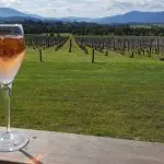 A glass of rosé rests on a railing, showcasing stunning Yarra Valley vineyard views during a relaxed winery tour under soft clouds.
