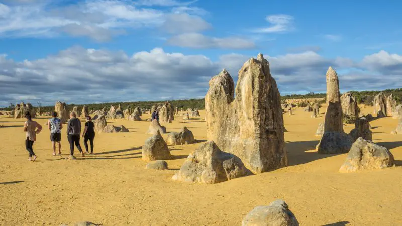 Travellers discover towering limestone pillars amid golden desert sands on the 10 Day Broome to Perth West Coast Adventure tour.