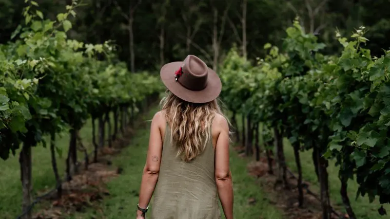 A stylish woman in a chic hat walks among vibrant Gold Coast vineyards, enjoying a premier gourmet food and wine tasting experience.