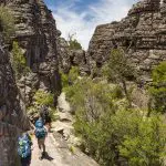 Adventurous hikers with rucksacks trek a scenic, rocky path on a 1 Day Grampians Eco Wilderness Escape amid cliffs and lush greenery.