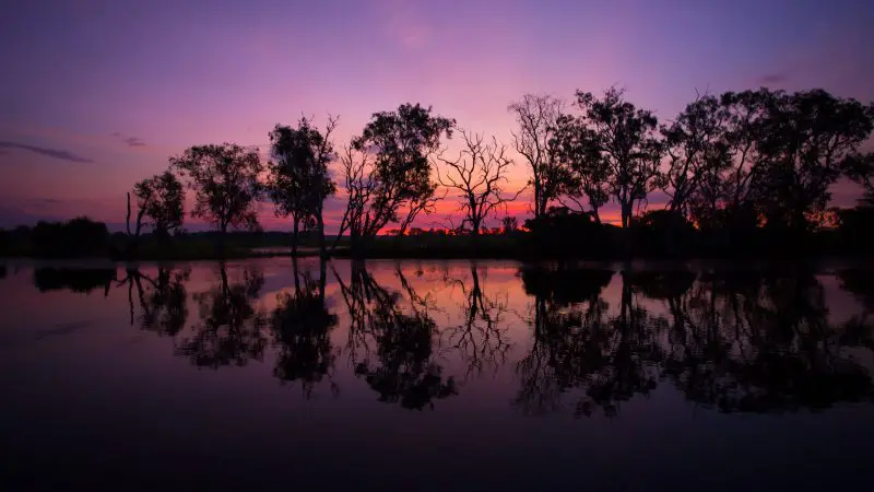 Golden sunset silhouettes trees mirrored in tranquil waters during 3 Day Kakadu Litchfield National Park 4WD Safari adventure tour.