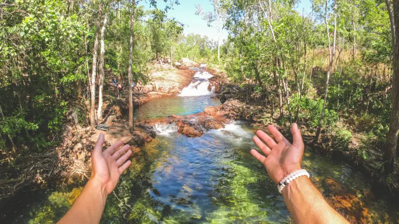 Hands reach over a pristine forest stream, blue sky above, on Litchfield National Park Crocodile Cruise—top-rated NT adventure.