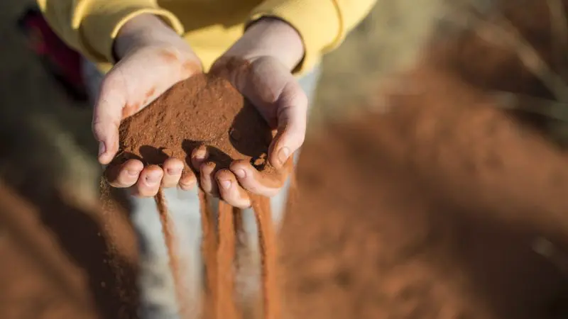 A traveller in a yellow sleeve lets red desert sand slip through their hands during a 3 Day Uluru Kings Canyon Red Centre Safari Tour.