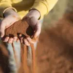 Close-up of a person in a yellow sleeve letting red sand cascade through their fingers during a 4 Day Uluru to Alice Springs tour.