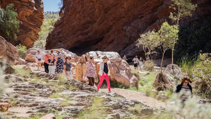Travellers on a 3 Day Red Centre Uluru Kings Canyon Safari hike through sunlit rocky canyons and iconic red rock formations near Alice Springs.