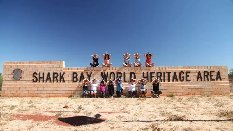 Travellers on a 7-Day Perth to Exmouth Ningaloo Reef tour pose by the Shark Bay sign, making fun shark fin gestures for photos.