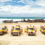 Travellers on the 28 Day Oz East Coast Adventure smile and wave beside vibrant yellow lorries at a famous rusted shipwreck in Australia.