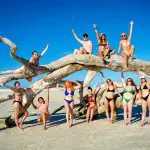 A group of ten friends in swimwear pose on sunlit driftwood during their Whitsundays group trip