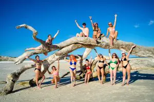 A group of ten friends in swimwear pose on sunlit driftwood during their Whitsundays group trip 