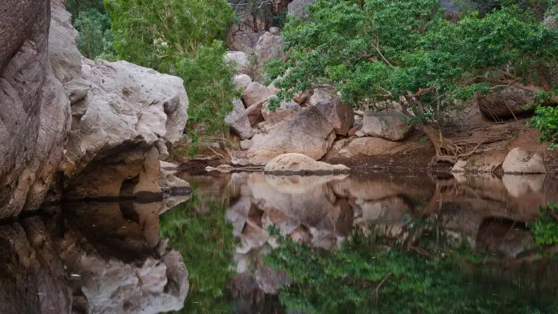 Scenic view of towering rocks and lush green trees mirrored in tranquil water on a Broome to Darwin 10 Day 4WD Kimberley Adventure.