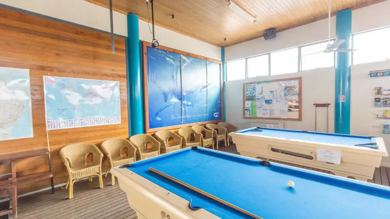 Vibrant recreation room on a 10 Day Broome to Perth West Coast Adventure, featuring blue snooker tables and detailed wall maps.