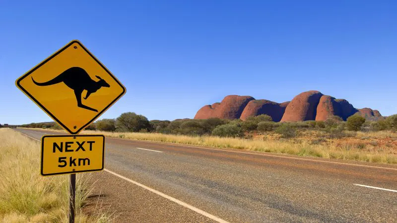 Bright yellow kangaroo crossing sign with “NEXT 5 km” text, spotted during a 2 Day 1 Night Uluru tour from Yulara to Yulara.