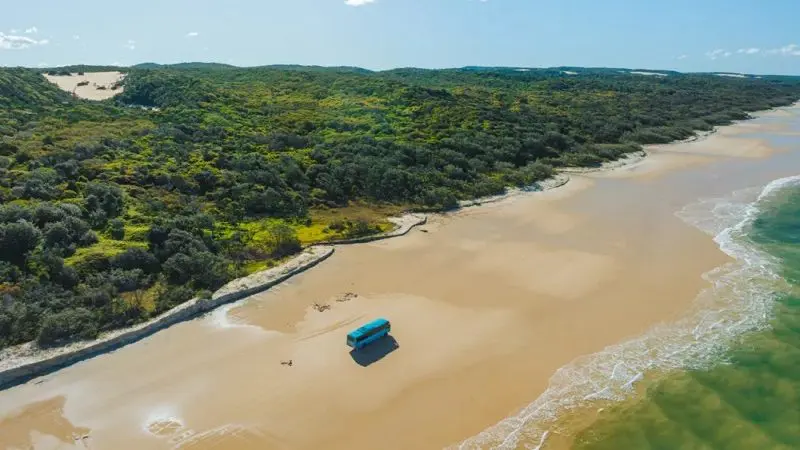 Blue bus parked on sandy beach with lush green forest and ocean waves—ideal for a top-rated Kgari 2 Day Tour from Hervey Bay.