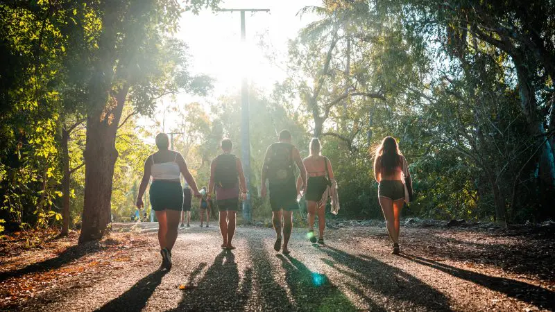 Six travellers walk a sunlit trail on the fully guided Ultimate East Coast Melbourne to Cairns 7-week adventure tour, enjoying nature.