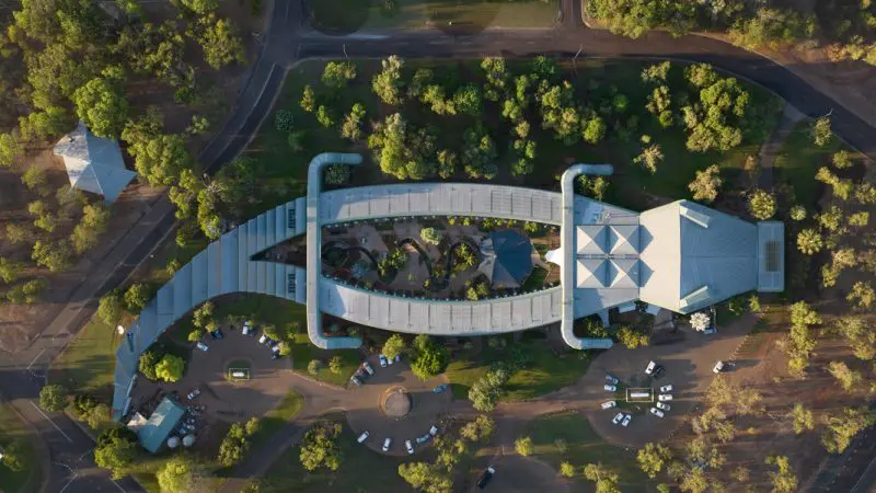 High-resolution aerial view of a contemporary hotel, similar to accommodation on a 4 Day Kakadu Katherine Gorge Tour from Darwin.