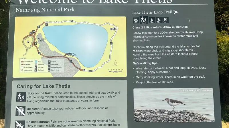Comprehensive information board at Lake Thetis on the Pinnacles Lobster Lavender Day Tour, featuring detailed map, tips, and rules.