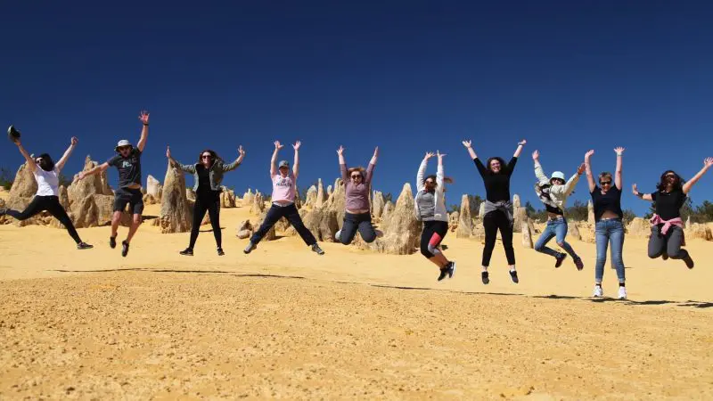 Travellers on a Pinnacles Lobster Lavender Day Tour leap on golden sands among unique limestone formations under Western Australia's clear blue sky.