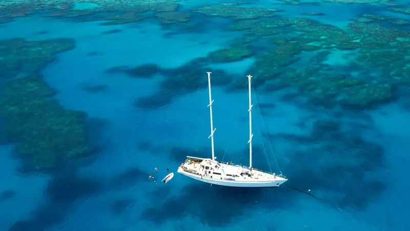 The Summer Jo 2 white sailboat anchored in crystal-clear Whitsunday waters with swimmers exploring vibrant coral reefs below.