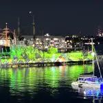 Sydney Harbour illuminated at night with boats and a vibrant Vivid Lights Catamaran Cruise glowing green and purple on the water.