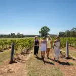 Four women savour wine tastings on a premium Hunter Valley day tour from Sydney with Colourful Collective Travel, enjoying stunning vineyard views.