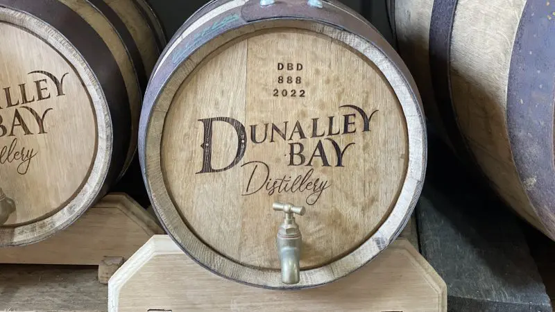 Dunalley Bay Distillery wooden barrel on display, ideal post Tasman Safaris Port Arthur Harbour Cruise whisky tasting experience.