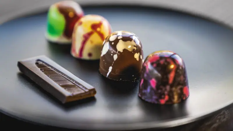 An elegant black plate displays vibrant chocolate bonbons and rich dark chocolate—ideal for indulging after a Coal River Valley Wine and Gin Safaris tour.