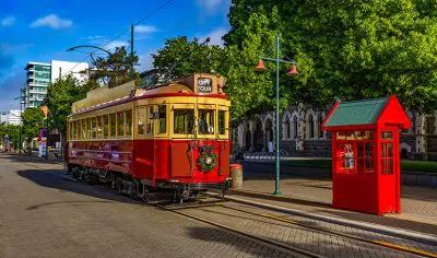 Iconic vintage red tram marked 