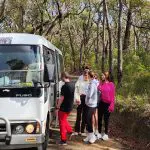 Travellers queue to board a white minibus for a Blue Mountains Day Tour, featuring scenic waterfall walks and stunning views.
